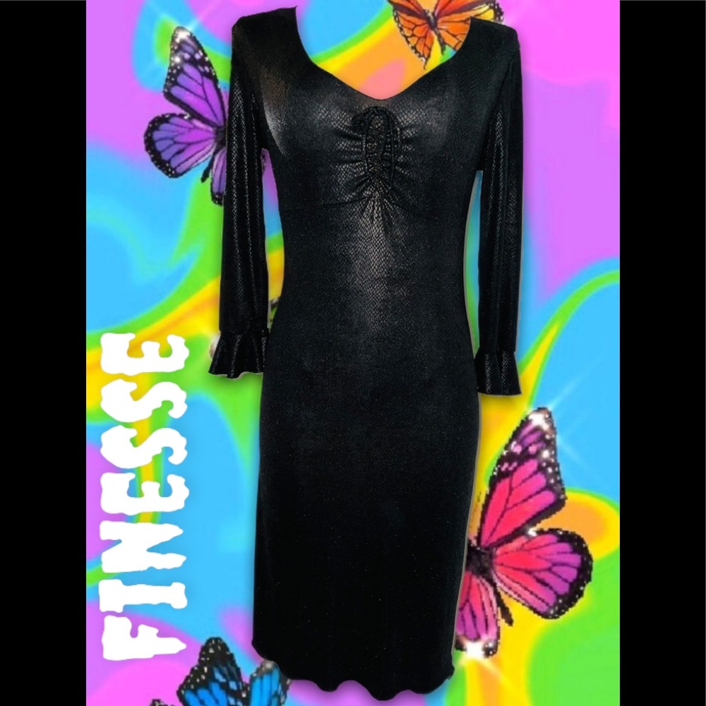 Finesse Vintage Y2K Shiny Metallic Black Snakeskin Midi Dress